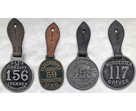 Selection of pre-1930 alloy BUS DRIVER/CONDUCTOR LICENCE BADGES comprising City of Cardiff Licensed Conductor 156, Cleethorpe