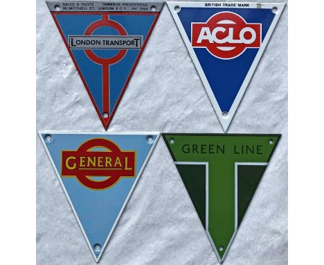 Selection (4) of enamel RADIATOR TRIANGLE BADGES for AEC vehicles comprising London Transport with added wording at top for O