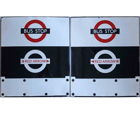 1960s London Transport enamel BUS &amp; RED ARROW STOP FLAG, for standard bus services and Red Arrows on a combined basis. Un