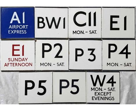Selection (11) of London Transport bus stop enamel E-PLATES for letter-prefix routes A1 Airport Express (blue background), BW
