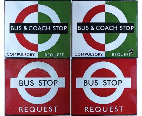 Pair of 1950s/60s London Transport enamel BUS/COACH STOP FLAGS, firstly the 'bus compulsory/coach request' version and, secon