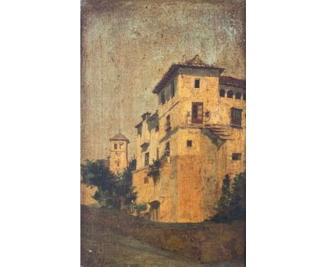 Oil on panel, 19th century Continental school, townscape, signed R Alonso. H.41 W.32cm. 