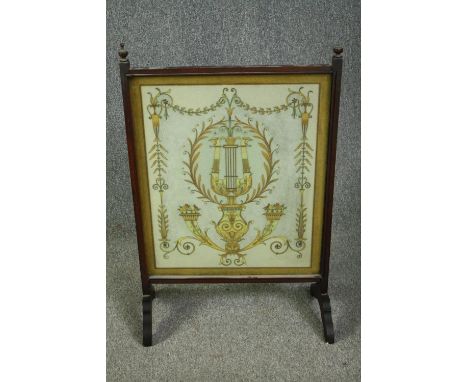 Firescreen, C.1900 mahogany framed double sided with applied classical style decoration, glazed. H.92 W.61cm. 