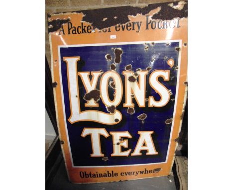 A LYONS TEA LARGE ENAMEL SIGN  'A Packet for every Pocket / Obtainable everywhere', finished in orange, dark blue and white, 