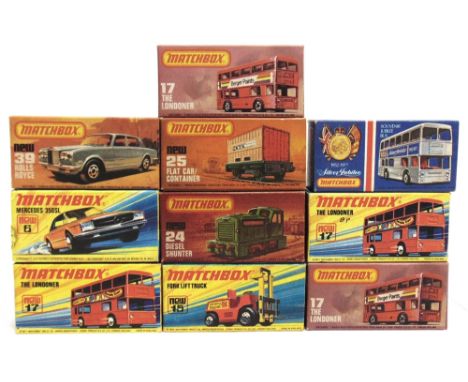 TEN MATCHBOX 1-75 SERIES MODELS  circa 1970s, comprising a No.6, Mercedes-Benz 350SL, pale orange, mint, boxed, the box good;