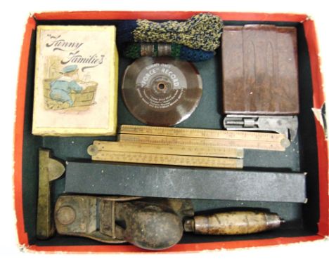 ASSORTED COLLECTABLES  comprising a Sunny Jim's 'Force' [Flakes] promotional record; two boxwood folding rulers; a folding po