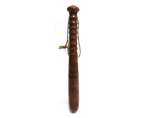 A VICTORIAN PAINTED TURNED WOOD TRUNCHEON  with a queen's crown flanked by the letters 'V' and 'R' and the initials 'T.A.', 3