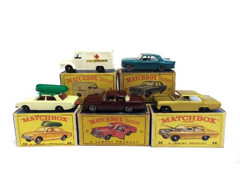 FIVE MATCHBOX 1-75 SERIES MODELS  comprising a No.14, Bedford Lomas Ambulance, cream, black plastic wheels, near mint, boxed,