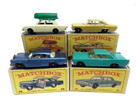 FOUR MATCHBOX 1-75 SERIES MODELS  comprising a No.31, Lincoln Continental, sea green, black plastic wheels, near mint, boxed,