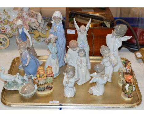 TRAY WITH VARIOUS FIGURINE ORNAMENTS, HUMMEL, LLADRO &amp; NAO     