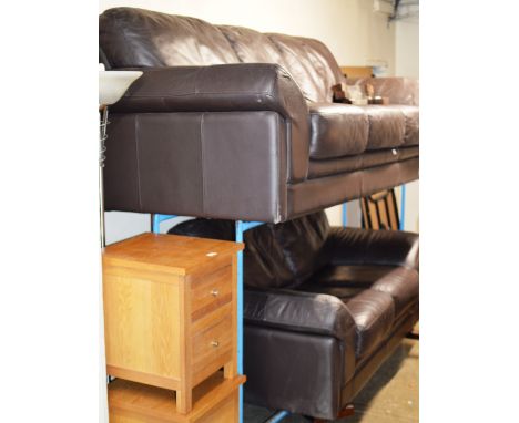 3 PIECE MODERN BROWN LEATHER LOUNGE SUITE COMPRISING 3 SEATER SETTEE, 2 SEATER SETTEE &amp; FOOT STOOL     