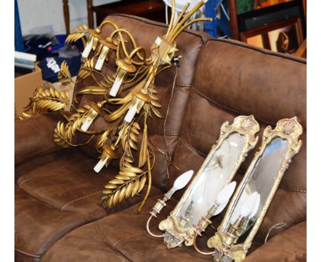 ORNATE GILT 6 POINT LIGHT FITTING AND PAIR OF MIRRORED WALL LIGHTS     