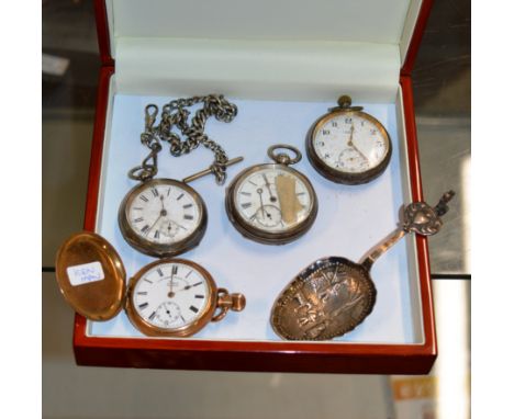 4 VARIOUS POCKET WATCHES AND A DUTCH SILVER CADDY SPOON     