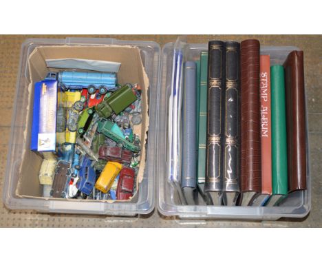 2 BOXES WITH MODEL VEHICLES &amp; STAMP ALBUMS     