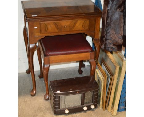 SEWING MACHINE TABLE, PADDED STOOL, VINTAGE RADIO &amp; QUANTITY PICTURES     