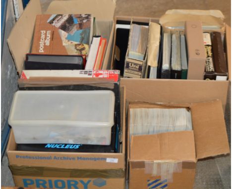 4 BOXES CONTAINING LARGE QUANTITY OF VARIOUS STAMPS, STAMP ALBUMS, FIRST DAY COVERS ETC     