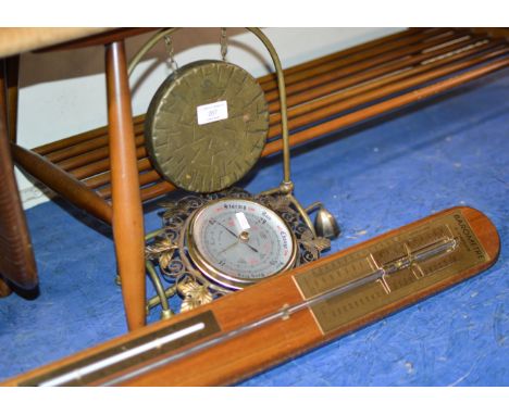 SMALL DINNER GONG ON STAND, ORNATE BAROMETER AND MODERN STICK BAROMETER     