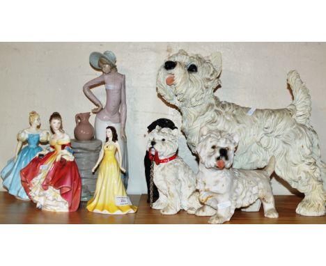 3 VARIOUS ROYAL DOULTON FIGURINES, NAO FIGURINE AND 4 VARIOUS DOG ORNAMENTS     