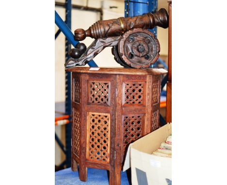 A BRASS INLAID EASTERN STYLE FOLDING TABLE &amp; A WOODEN CANNON DISPLAY     