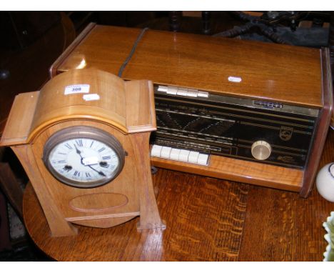 Art Nouveau style mantel clock, together with an old Philips radio