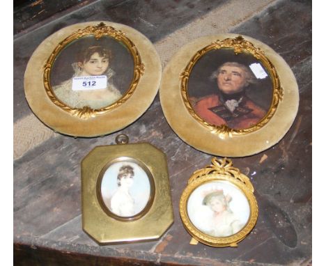 Antique miniature portrait, together with one other and a pair of portrait prints
