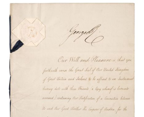 * George IV (1762-1830), King of the United Kingdom 1820-30. Document Signed, ‘George R’, as King, Court at Carlton House, 6 