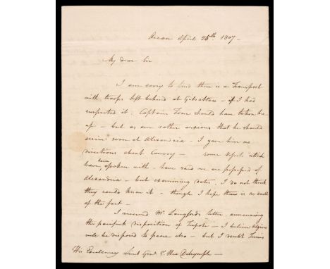 Collingwood (Admiral Cuthbert, 1748-1810). Autograph letter signed, to His Excellency Lieutenant General Sir Hew Dalrymple, G
