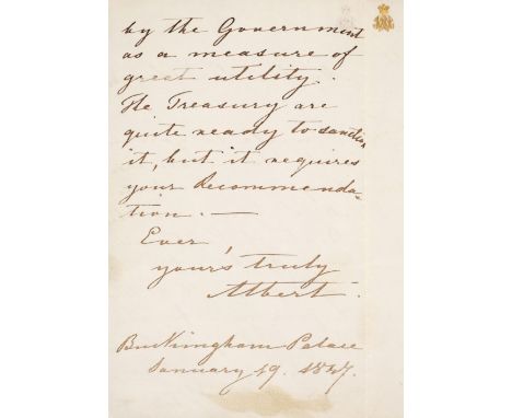 * Albert (Prince, 1819-1861). Prince Consort of the United Kingdom, husband of Queen Victoria. Autograph Letter Signed, 'Albe