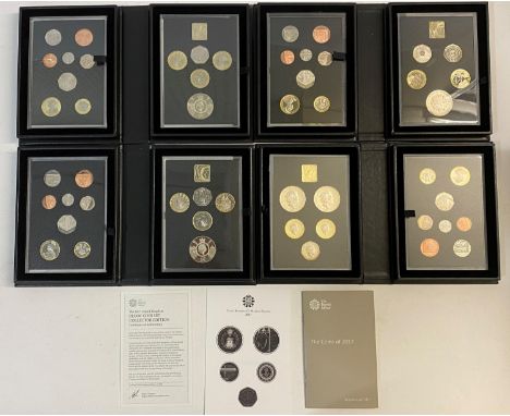 A 2017 Royal Mint Proof Coin set, collectors edition, thirteen coins £5.00 to 1p. Two 2020 United Kingdom Proof Coin sets. 13