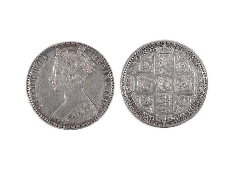 A Queen Victoria Florin, Godless type, gothic bust l. dated 1849.  *CR:  A nice example wit light rubbing to surfaces.  *BP 2