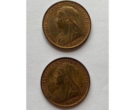 Two Victorian Pennies, old veiled head l, dated 1898 and 1901, with much original lustre. (2).  *CR:  Nice condition.  *BP 22