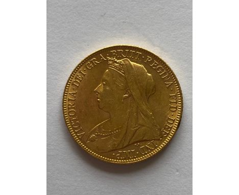 A Queen Victoria Sovereign, Old veiled bust l. reverse George and the Dragon, dated 1899.  *CR:  Light surface marks.  *BP 22