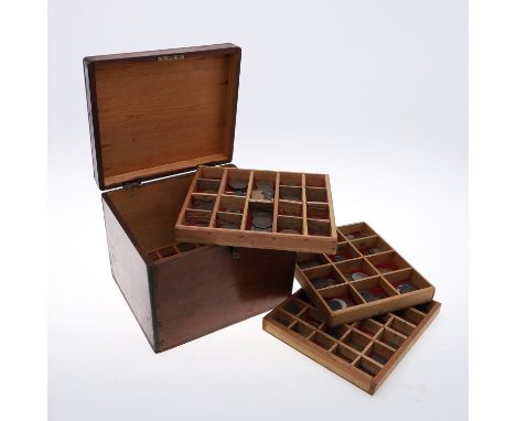 A Victorian collectors box with rising lid with central 'reformed gothic' handle, the interior with a single fixed divided tr