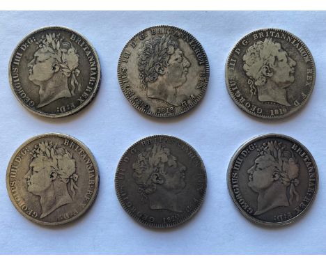 George III Crowns, laureate head r, for 1818 (LIX), 1819 (LIX), 1820 (LX). George IV Crowns, laureate hear l. 1821 (Secudo), 