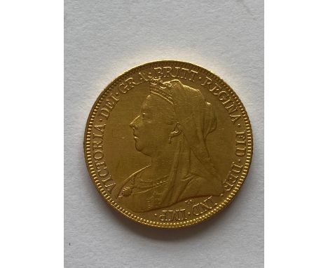 A Queen Victoria Sovereign, Old veiled bust l. reverse George and the Dragon, dated 1897.  *CR:  Light surface marks.  *BP 22