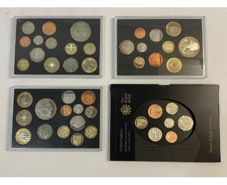 Royal presentation year sets: 2008 brilliant uncirculated coin collection, 7 coins, 2010 thirteen coin proof set, 2011 fourte