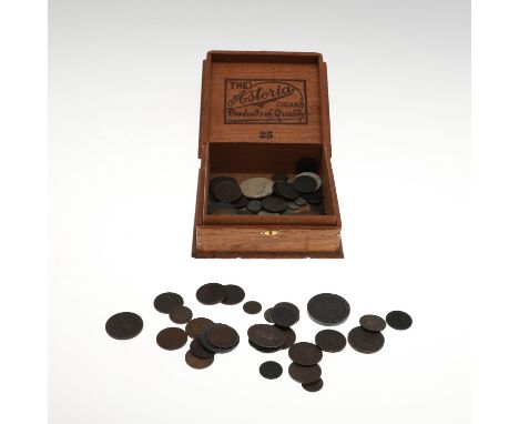 A mixed collection of coins to include British George III Copper issues, Roman coins and many others. Contents in vintage Cig