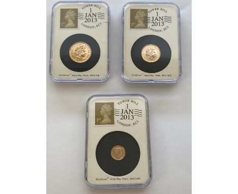 An Elizabeth II three coin set comprising a 2013 sovereign, 2013 half sovereign and 2013 quarter sovereign, all slabbed and '