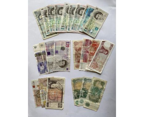 A collection of banknotes, A Series E £50 note with James Watt reverse, Series E and later £20 notes (4), Series D and later 