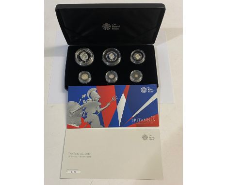 A Royal Mint 2017 six coin silver Britannia proof set comprising £2.00, £1.00, 50p, 20p, 10p and 5p. All in presentation case