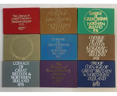 Royal Mint uncirculated year sets for 1973, 1974, 1975, 1976, 1977, 1978, 1979, 1980 and 1982. All in paper outer covers. 9 s