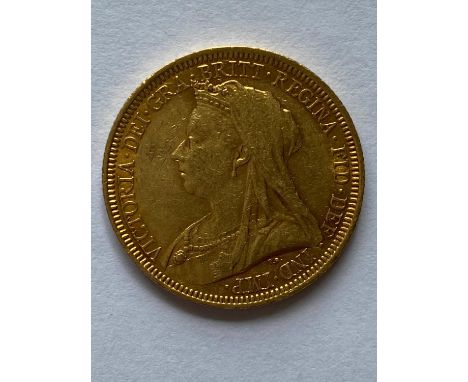 A Queen Victoria Sovereign, old veiled bust l. dated 1896. S to the ground for the Sydney Mint.  *CR:  light surface marks an