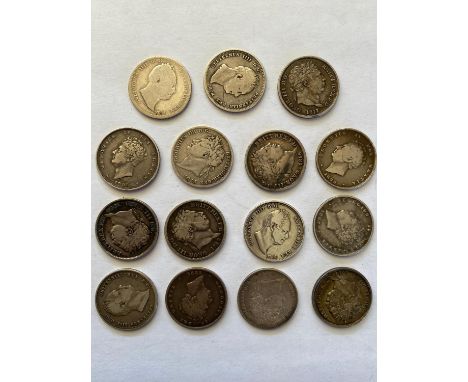 A collection of Shillings: 1816, 1817, 1818, 1819, 1820, 1821, 1824, 1825, 1826, 1827, 1829, 1834, 1835, 1836, 1837. 15 coins