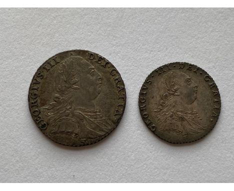 A George III Shilling dated 1787. Older laureate and draped but r. no Semee of hearts, Hanoverian Shield. A George III Sixpen