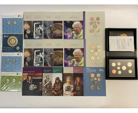 Royal Mint year sets for 2015, proof set 8 coins, 2017 13 coins, two sets for 2021 13 coins, and presentation examples of the