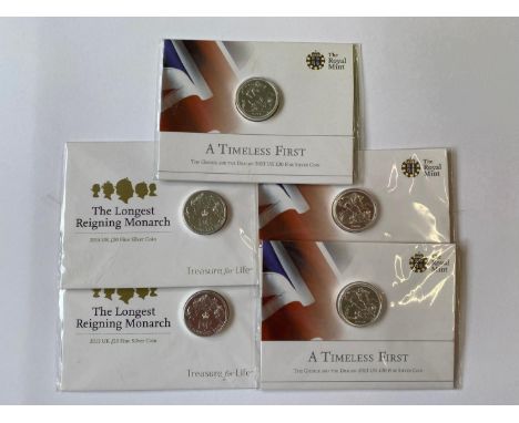 Three 'Timeless First' 2013 silver £20.00 coins, in original packaging marked '.999 silver brilliant uncirculated' and two si