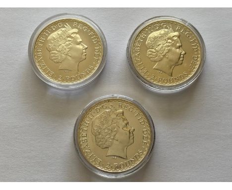 A 2008 £2.00 one ounce silver Britannia, and two similar 2010 coins,all in plastic capsules.  *CR:  As issued.  *BP 22.5% (18