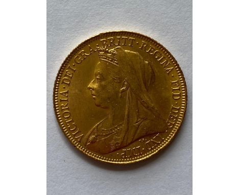 A Queen Victoria Sovereign, old veiled bust l. dated 1900. M to the ground for the Melbourne Mint.  *CR:  light surface marks