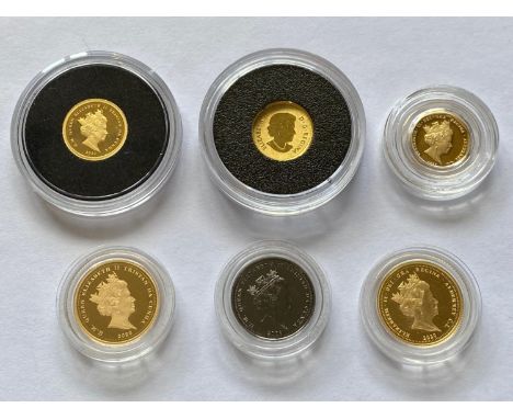 A small collection of miniature gold and similar coins: A Queen Elizabeth II Tristan Da Cuna five pounds 2020, An Elizabeth I