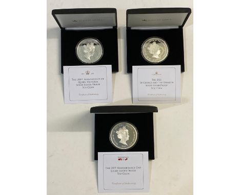 Three Jubille Mint 5oz silver proof coins: A 2019 Alderney £25.00 Remembrance Day solid silver proof 5oz coin from an edition